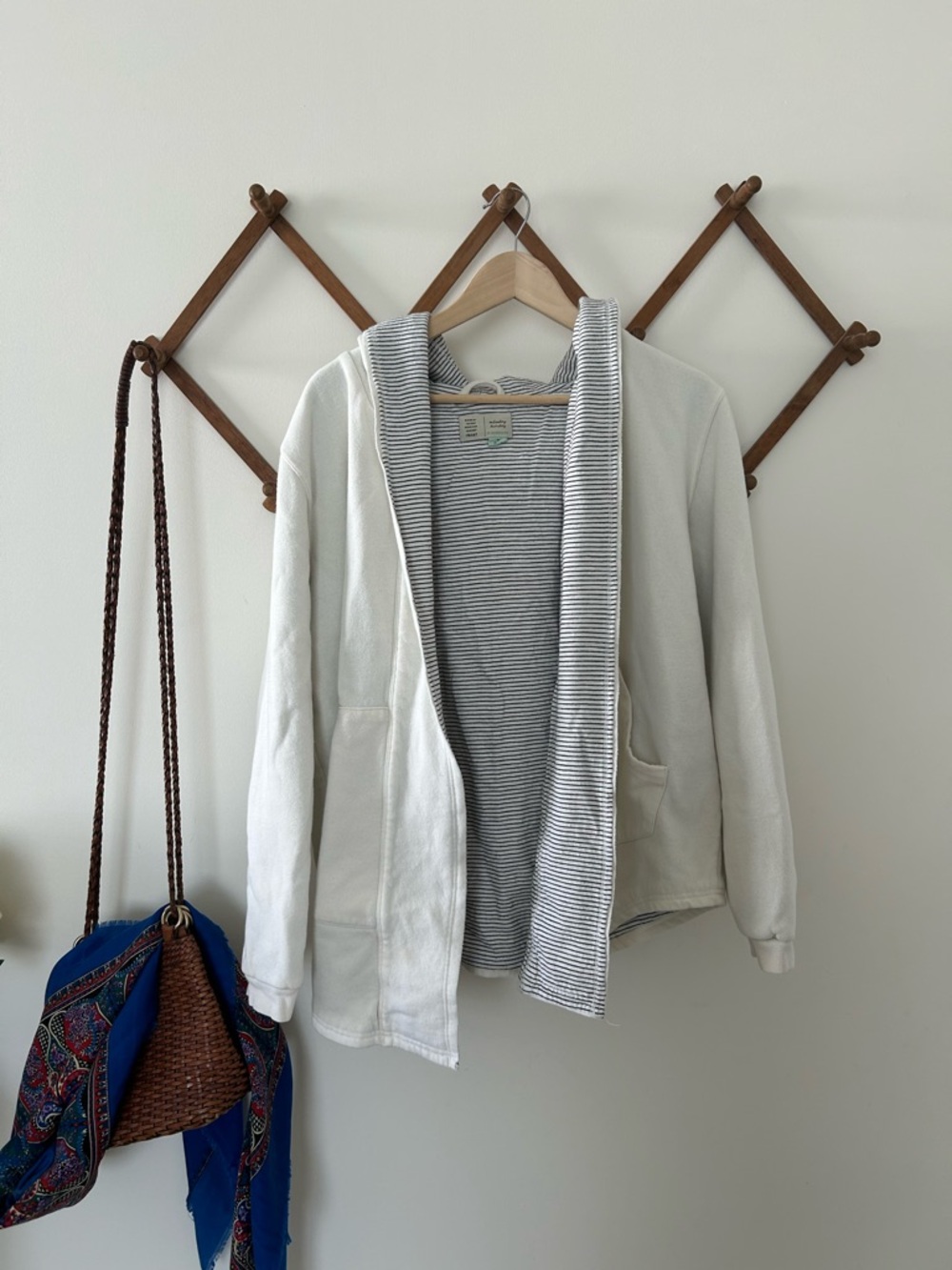 Anthropologie Cream Hooded Cardigan with Striped Lining